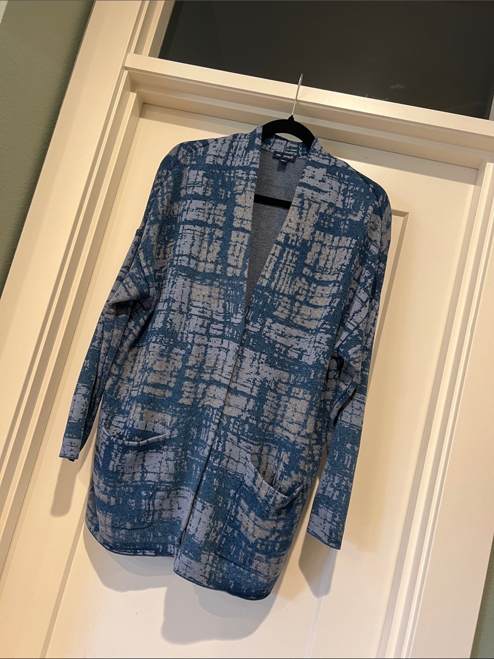 J. Jill Blue and Light Gray Patterned Open-Front Cardigan